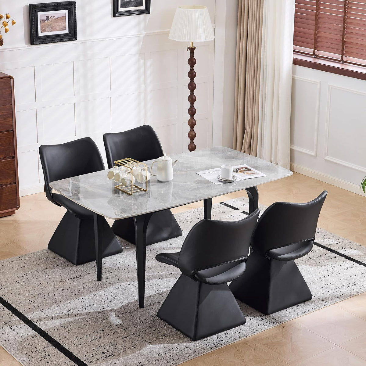 Henf Modern Upholstered Swivel Dining Chairs,Faux Leather Vanity Chair with Wave Shaped High Back, 360 Degree Rotating Mid Century Armless Side Chairs with Metal Base for Dining Room,Desk,Black