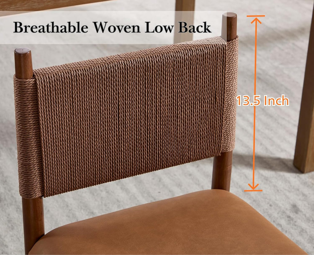 EALSON Rattan Dining Chairs Set of 2 Leather Upholstered Dining Room Chairs with Walnut Wooden Legs and Woven Back Mid Century Modern Kitchen Chairs Comfortable Armless Side Chairs for Kitchen, Brown
