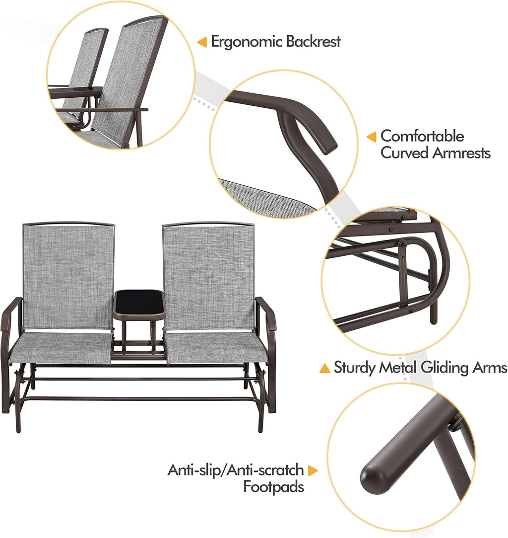 Yaheetech Outdoor Glider Bench Patio Loveseat with Table, Gray | Steel frame, Texteline fabric and tempered glass table provide comfort, easy assembly, and roomy two-person outdoor seating.