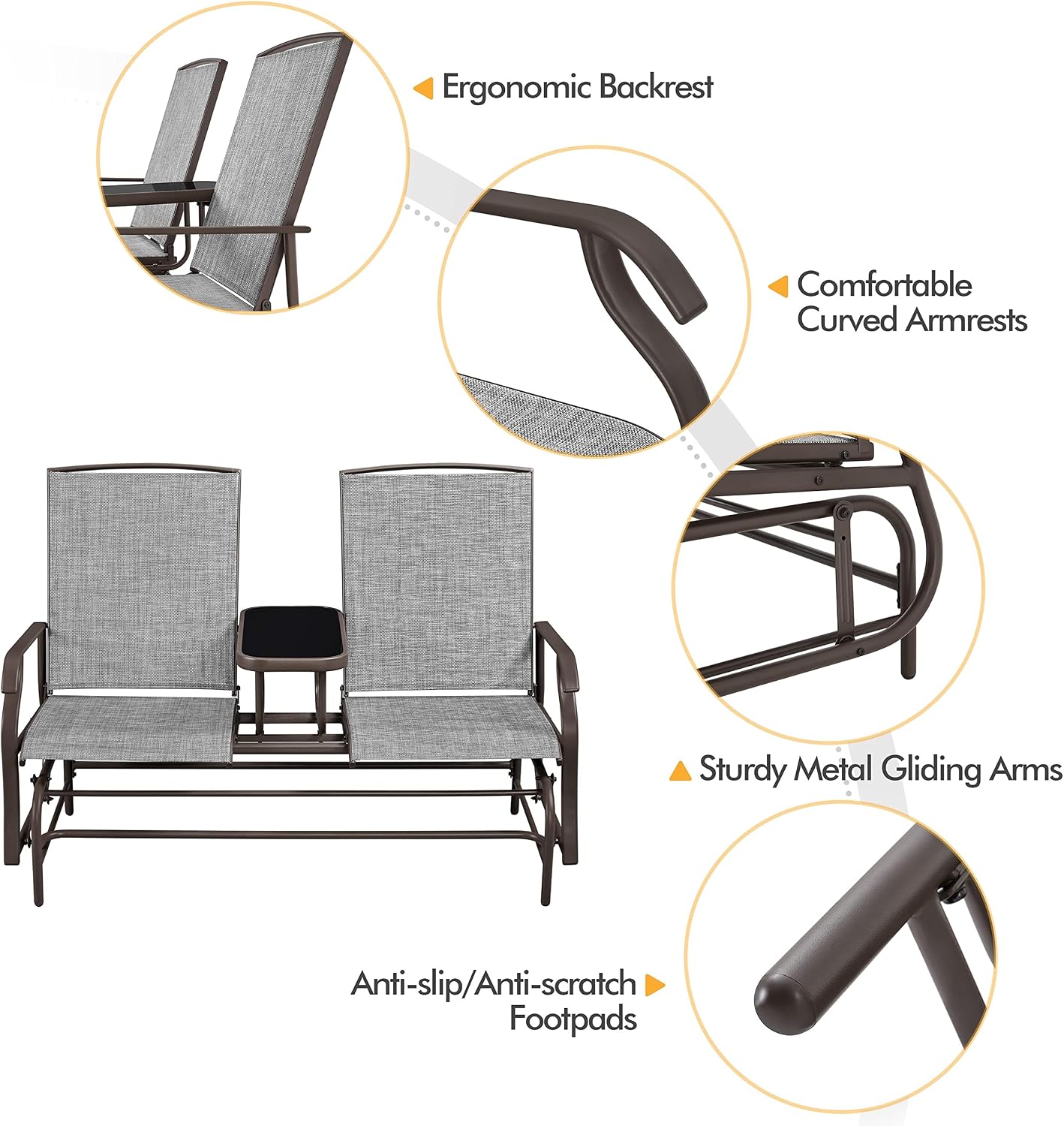 Yaheetech Outdoor Glider Bench Patio Loveseat with Table, Gray | Steel frame, Texteline fabric and tempered glass table provide comfort, easy assembly, and roomy two-person outdoor seating.