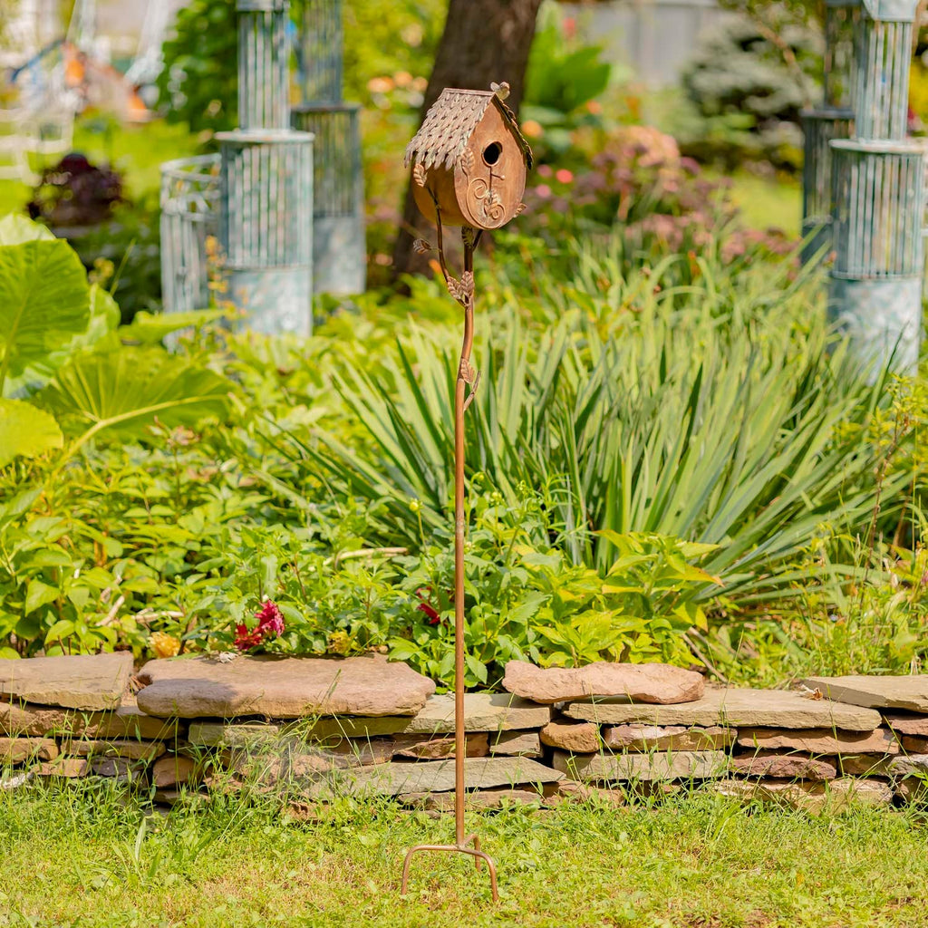 Copper Color Bird House Garden Stake with Ornate Style Roof (Round Bottom)
