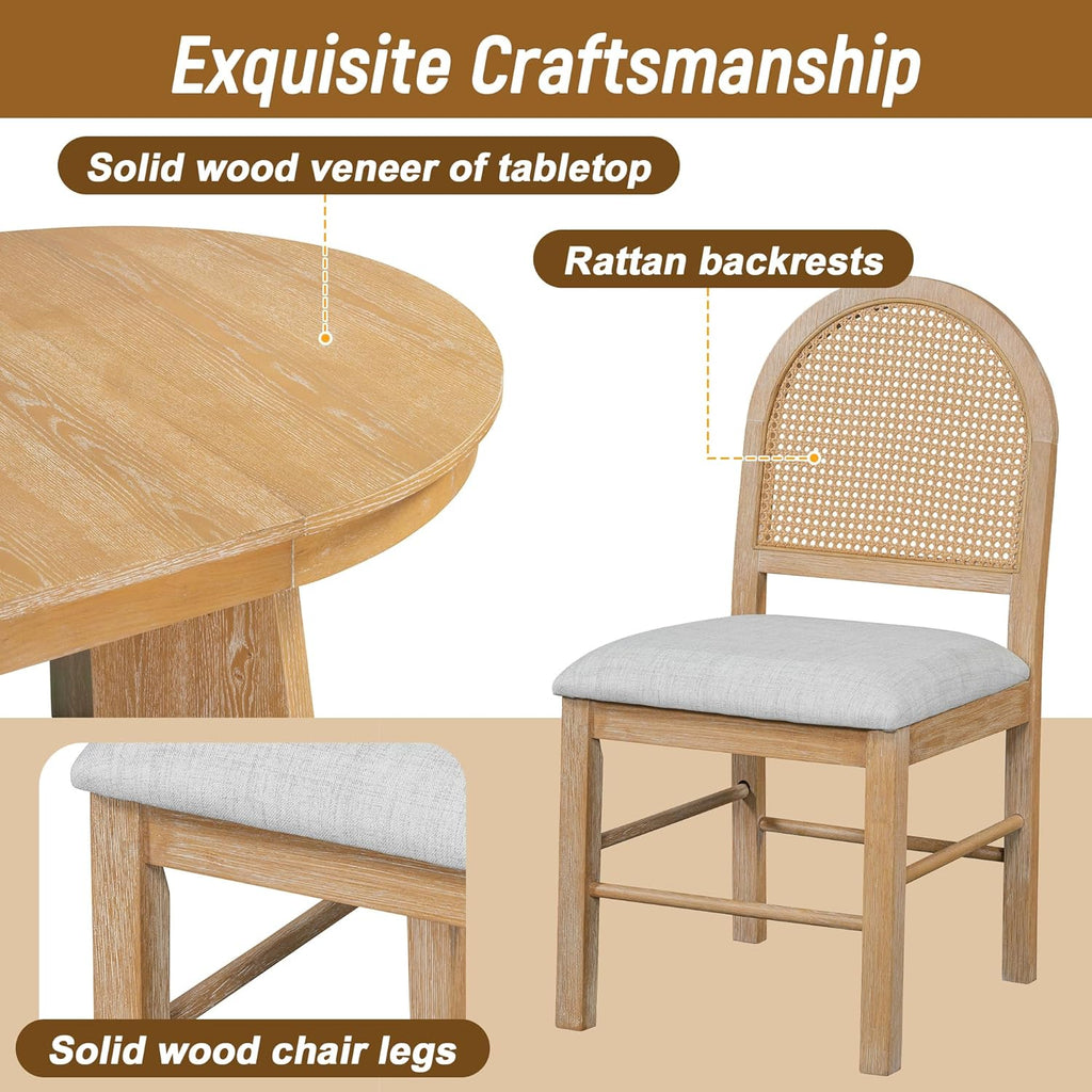 LUMISOL 5-Piece Round Dining Table Set for 4, Extendable Kitchen Table Set with 4 Upholstered Chairs, Kitchen Table and Chairs Set for Dining Room, Kitchen, Natural Wood Wash