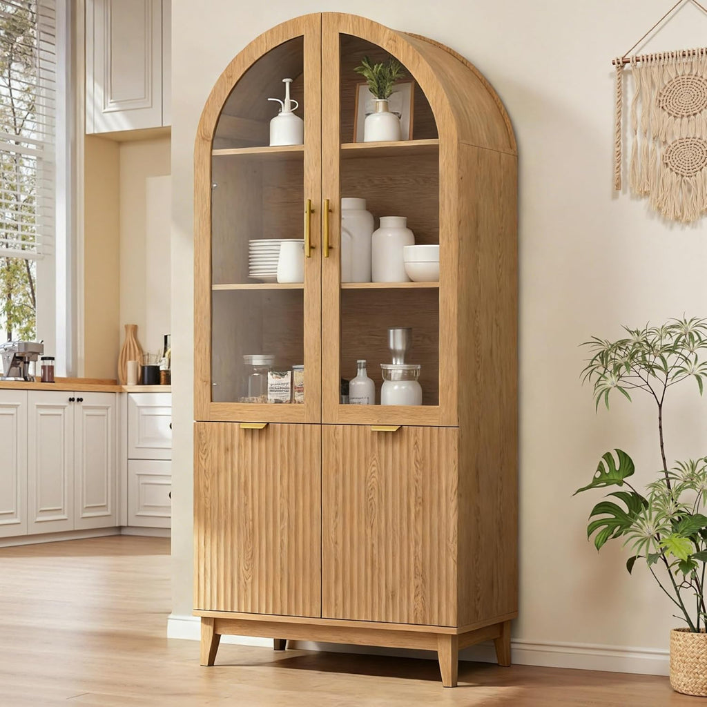 Pamapic 71" Tall Arched Cabinet, Fluted Kitchen Pantry with Glass Doors & Adjustable Shelves, Arch Storage Cabinet, Wooden Pantry for Dining Room, Living Room (Natural)