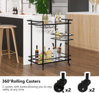 RiteSune Black Bar Carts for The Home, Wine Cart with Wheels | 3 Tier Home Serving Bar Cart Drink Cart with Mirror Shelves for Living Room, Party (28.5" D x 15" W x 32" H)