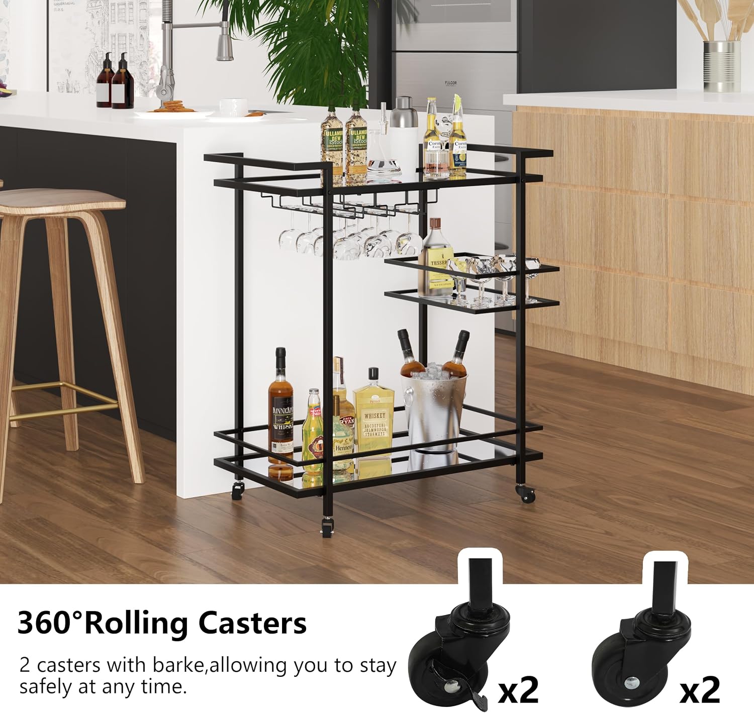 RiteSune Black Bar Carts for The Home, Wine Cart with Wheels | 3 Tier Home Serving Bar Cart Drink Cart with Mirror Shelves for Living Room, Party (28.5" D x 15" W x 32" H)