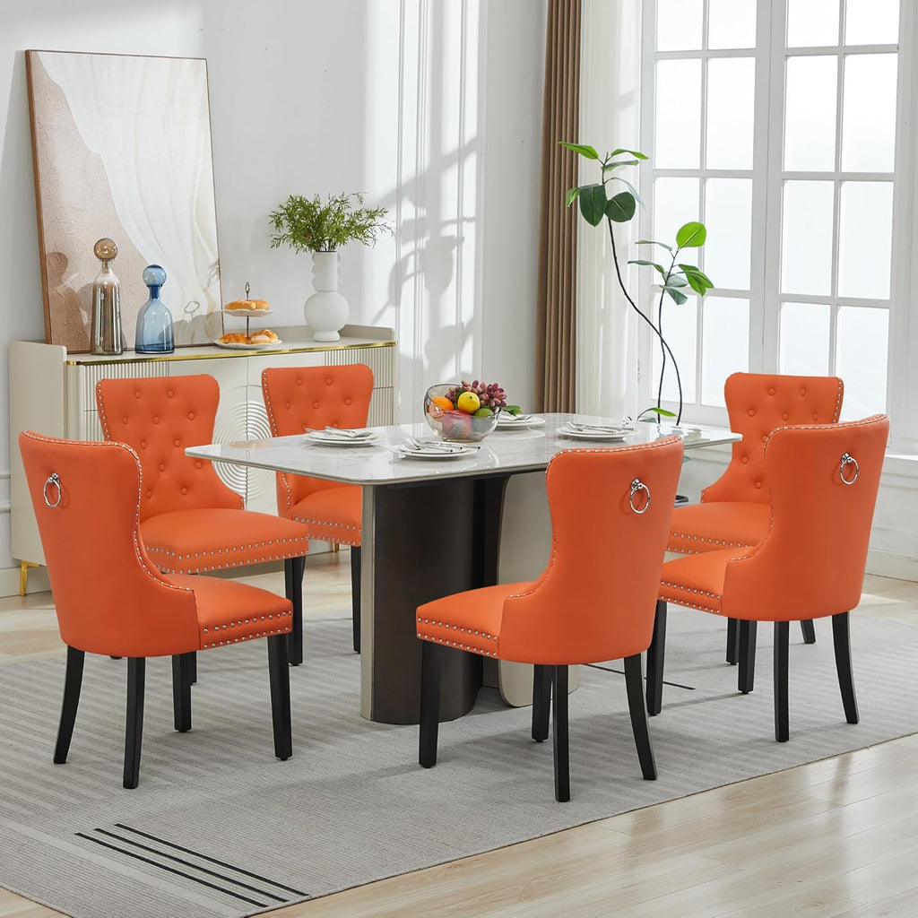 adochr PU Leather Dining Chairs Set of 2, Tufted Upholstered Dining Room Chair with Pull Ring and Solid Wood Legs, Orange