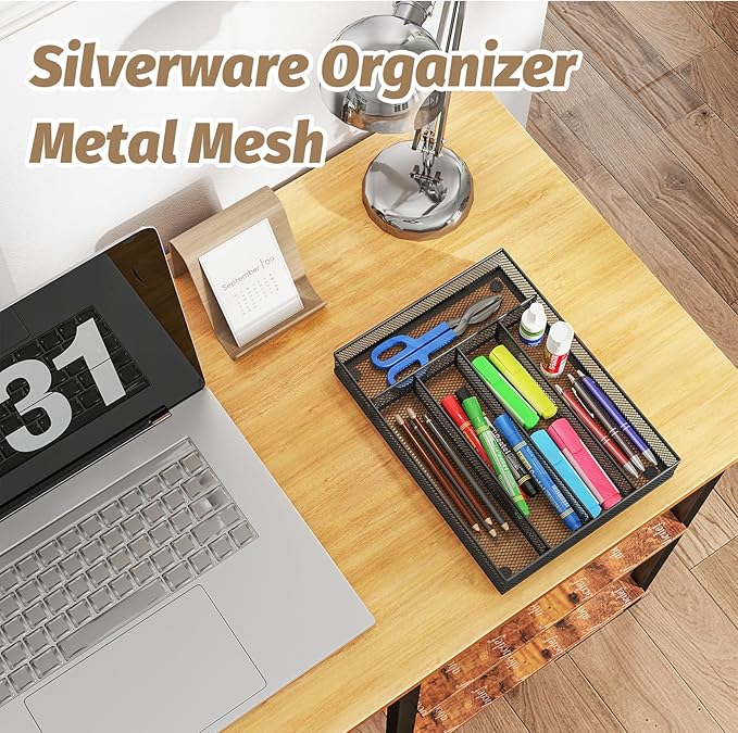 Silverware Organizer Metal Mesh, Small Drawer Organizer, Utensil Cutlery Tray for kitchen drawers, Flatware Organizer with 5 Compartment, Black(9.3"*12.6")
