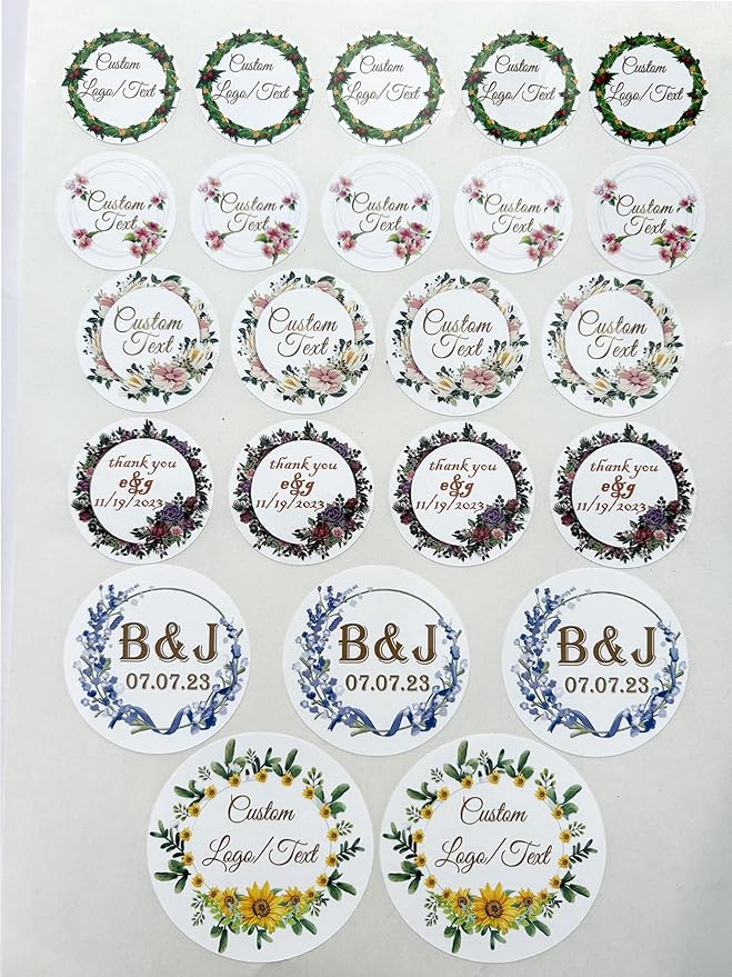Custom Stickers for Weddings, Birthdays & Businesses - Personalized Labels with Your Logo - Waterproof, Fade and Heat Resistant - Pack of 100-1000 (Wreath D, 2.5 Inch)