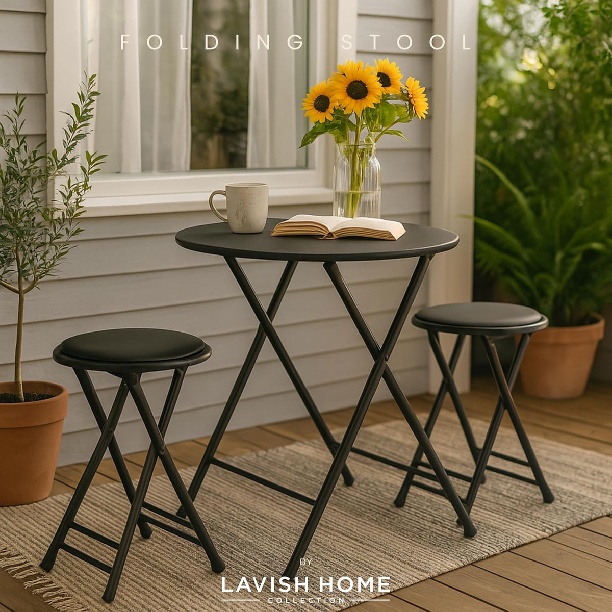Lavish Home Folding Stool with Padded Backless Seat Set of 2, Black, 24” | Counter Height Bar Stools with 225lb Capacity, Portable Indoor & Outdoor, Extra Seat for Kitchen, Rec Room or Camping