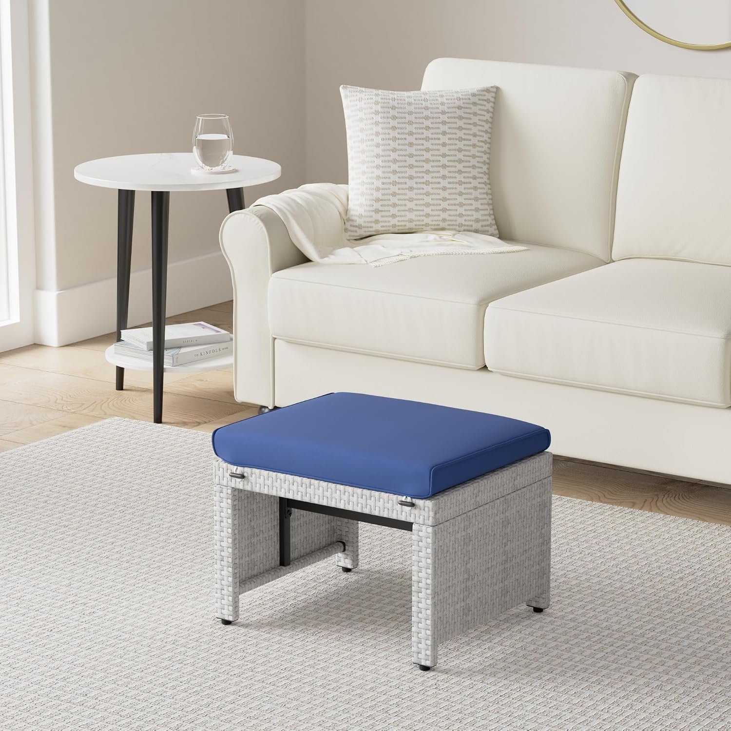 Best Choice Products Set of 2 Wicker Ottomans, Multipurpose Outdoor Furniture for Patio, Backyard, Additional Seating, Footrest, Side Table w/Removable Cushions, Steel Frame - Gray/Navy