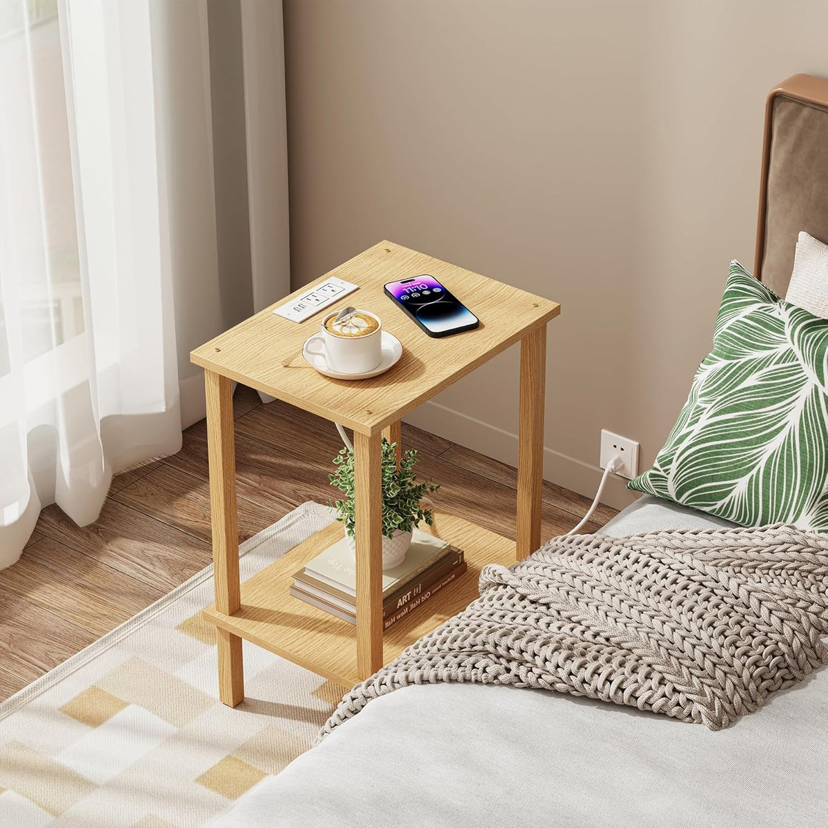 TUTOTAK End Table with Charging Station, Set of 2, Small Side Table with Outlets, Nightstand Bedside Table, 2-Tier Storage Shelf for Small Space, Living Room, Bedroom Natural TB01BN041