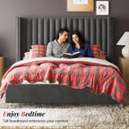 Jocisland King Size Bed Frame Velvet Upholstered Wingback Headboard, Grey