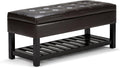 SIMPLIHOME Cosmopolitan 44" Wide Vegan Leather Storage Ottoman in Brown | Tanners brown, transitional storage ottoman bench with tufted lift-top and open shelf; rectangle footstool or footrest.