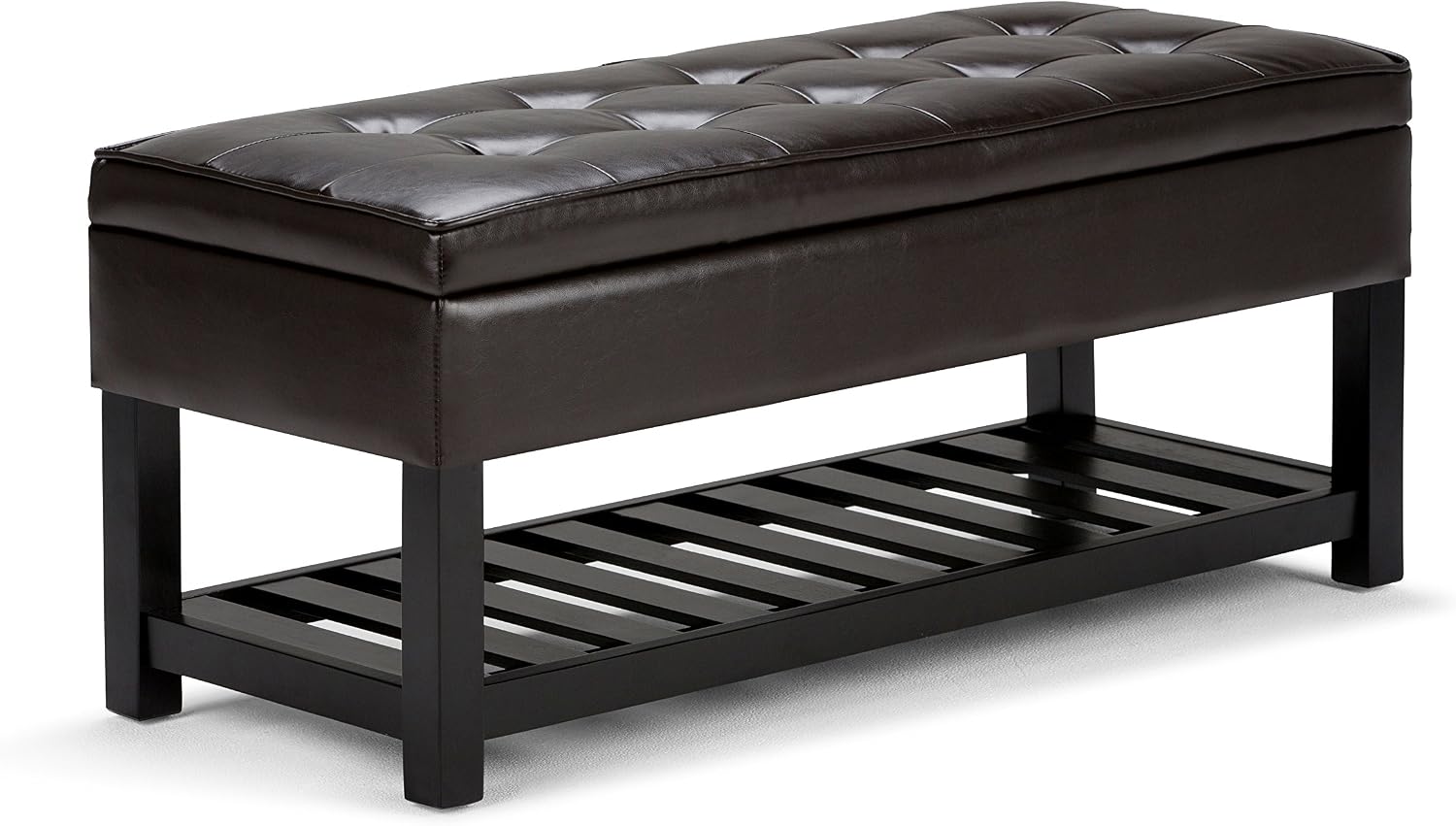 SIMPLIHOME Cosmopolitan 44" Wide Vegan Leather Storage Ottoman in Brown | Tanners brown, transitional storage ottoman bench with tufted lift-top and open shelf; rectangle footstool or footrest.