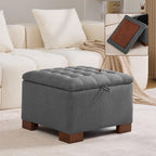 WUTUTUEE 24" Fabric Square Storage Ottoman with Wooden Tray, Modern Tufted Button Footstool Coffee Table, Upholstered Small Ottoman for Living Room, Bedroom, Dark Gray