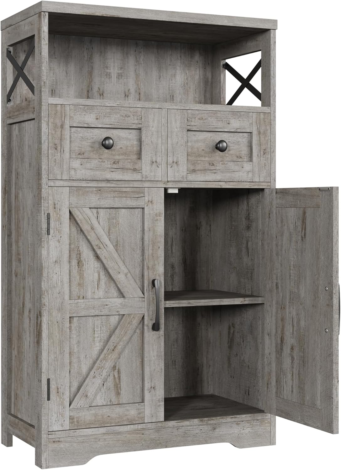 FiveWillowise Small Farmhouse Storage Cabinet with Barn Doors, Farmhouse Kitchen Pantry Cabinet, Tall Coffee Bar with Storage, Hutch Cupboard for Kitchen, Laundry, Living Room, Washed Grey