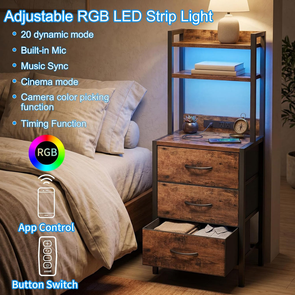 Fixwal 41 Inch Tall Nightstand with Charging Station, Led Night Stand with U-S-B Port & Socket, 3 PU Finished Fabric Storage Drawers, Office, Bedside Table & Bookshelf in One, Rustic Brown