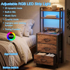 Fixwal 41 Inch Tall Nightstand with Charging Station, Led Night Stand with U-S-B Port & Socket, 3 PU Finished Fabric Storage Drawers, Office, Bedside Table & Bookshelf in One, Rustic Brown