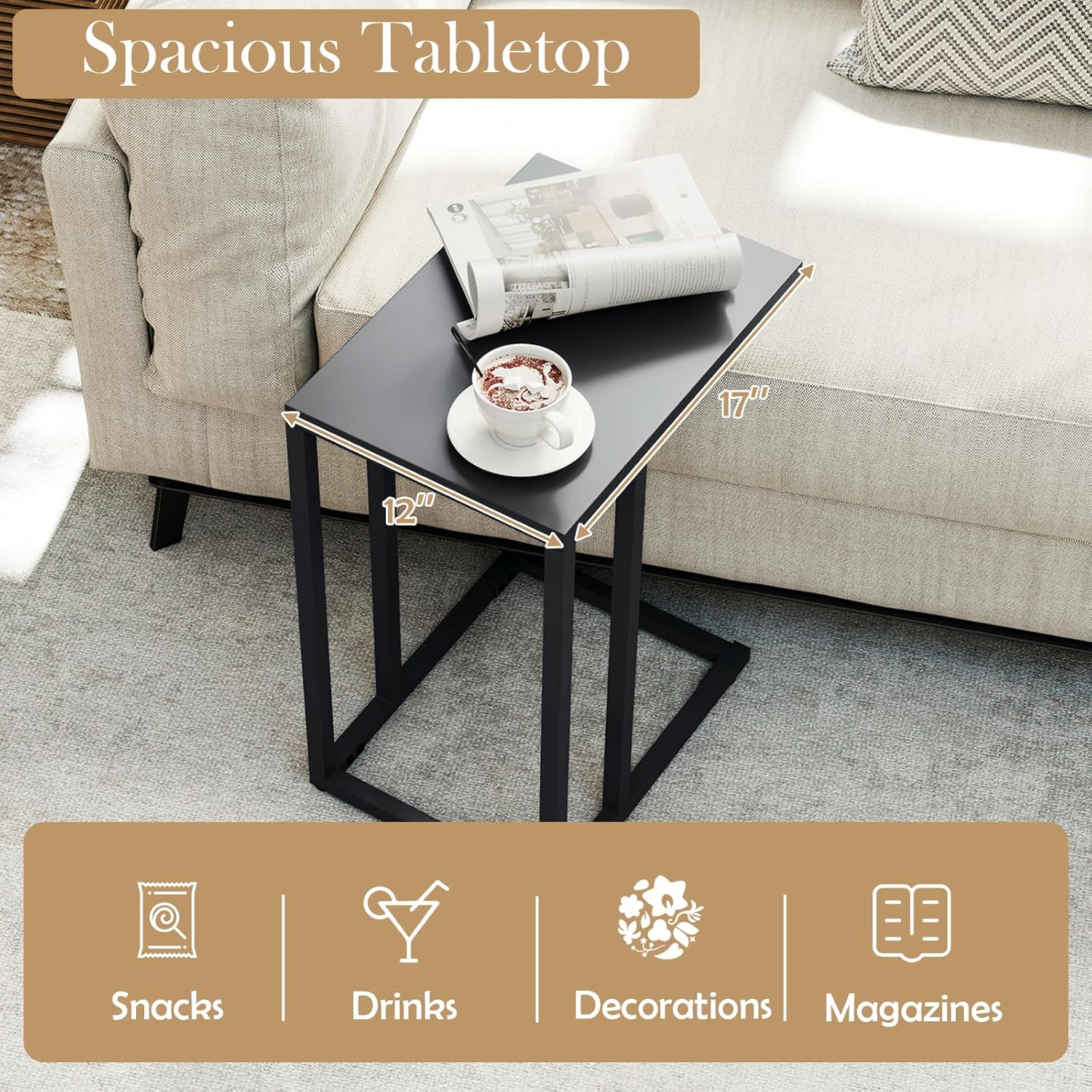 Tangkula C-Shaped End Table, Modern Small TV Tray with Metal Frame, Adjustable Foot Pads, Industrial Couch Sofa Side Table for Living Room Bedroom Office (2, Dark Gray)