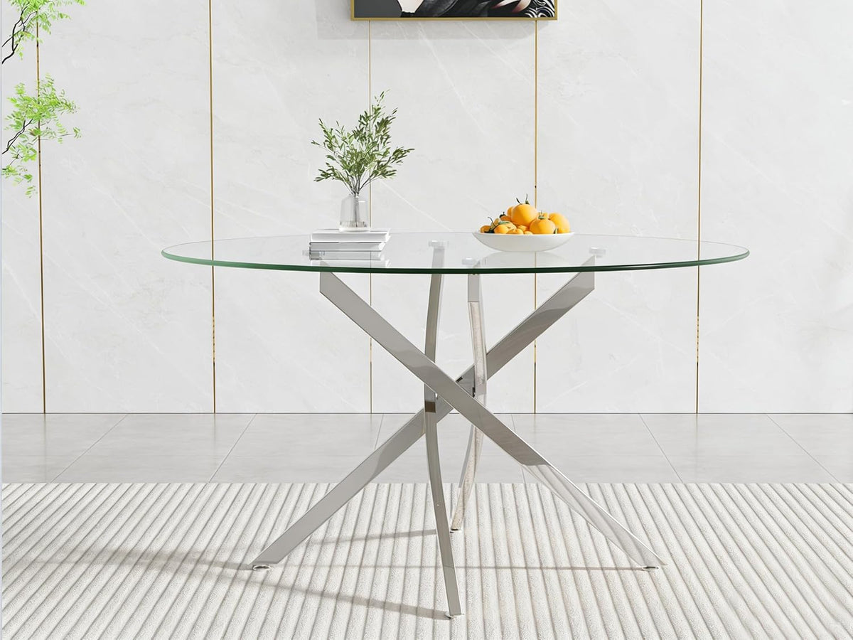 47.2“ Round Dining Table for 4, Contemporary Tempered Glass Dining Table, Small Dinner Table with Silver Metal Base, Round Clear Kitchen Table Writing Desk for Dining Kitchen