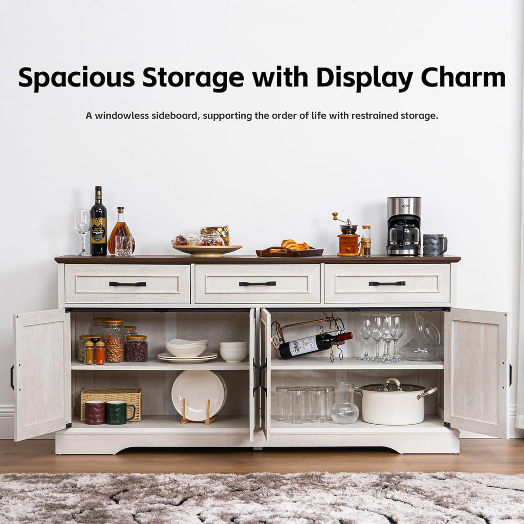 66" Large Sideboard Buffet Cabinet with Storage, Farmhouse Buffet Table Coffee Bar Wine Bar Kitchen Storage Cabinet with Drawers for Dining Room, Living Room, White & Walnut