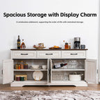 66" Large Sideboard Buffet Cabinet with Storage, Farmhouse Buffet Table Coffee Bar Wine Bar Kitchen Storage Cabinet with Drawers for Dining Room, Living Room, White & Walnut