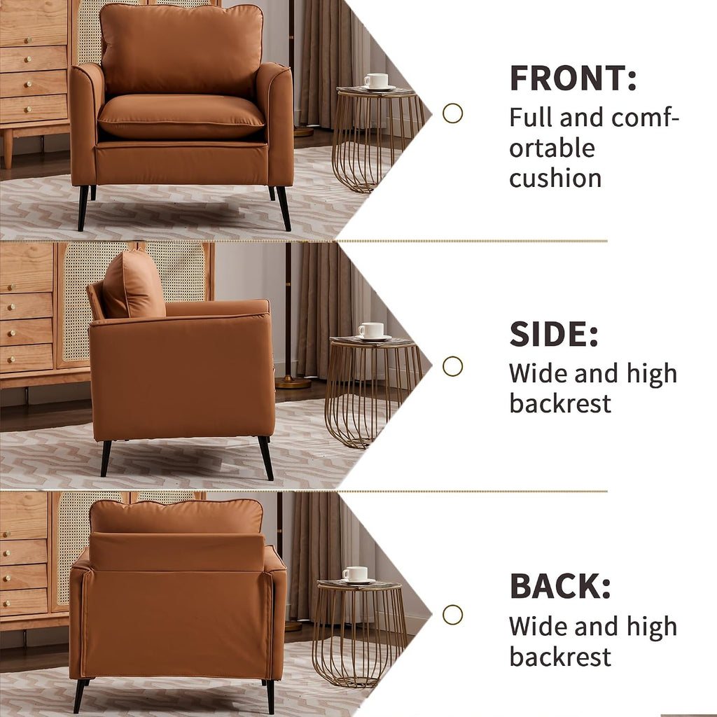 YISHENG Mid-Century Modern Living Room Accent Chairs Set of 2 - Oversized Faux Leather Armchairs with Removable Cushions & Metal Legs, Comfortable Sofas for Office/Lounge/Bedroom/Reception,（Brown）