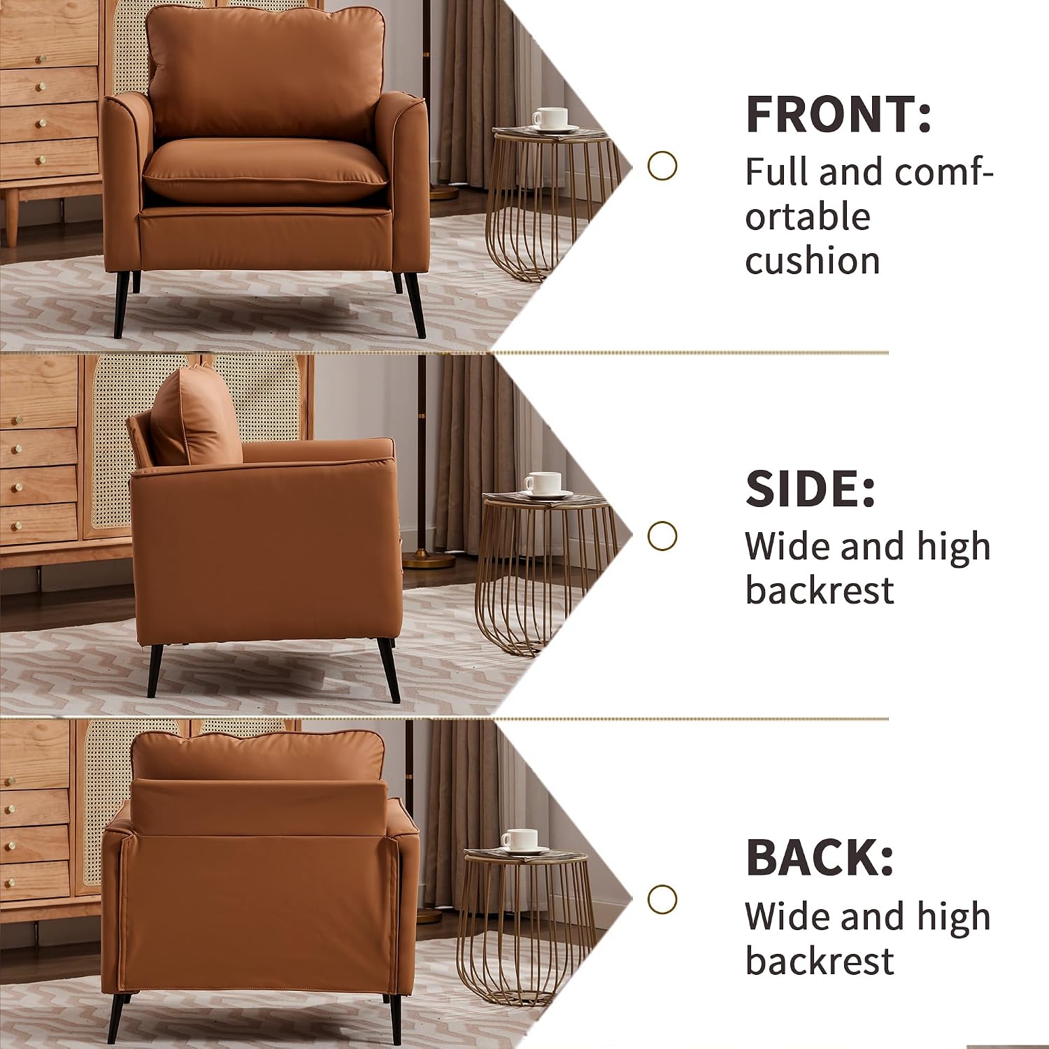 YISHENG Mid-Century Modern Living Room Accent Chairs Set of 2 - Oversized Faux Leather Armchairs with Removable Cushions & Metal Legs, Comfortable Sofas for Office/Lounge/Bedroom/Reception,（Brown）
