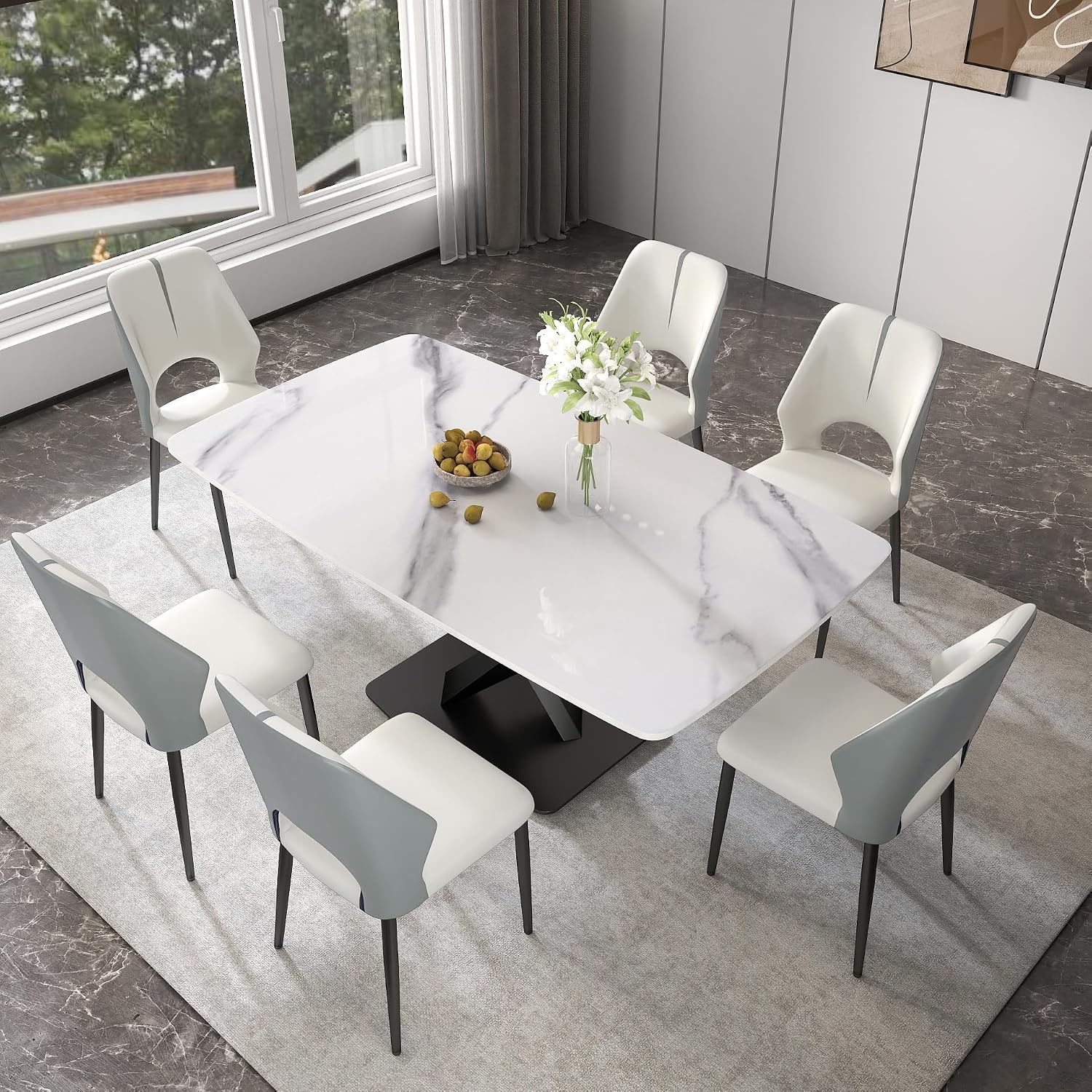 Upholstered Dining Chairs Set of 6, Modern PU Leather Dining Room Kitchen Side Chair with Padded Seat and Metal Legs Restaurant/Cafe,Light Grey