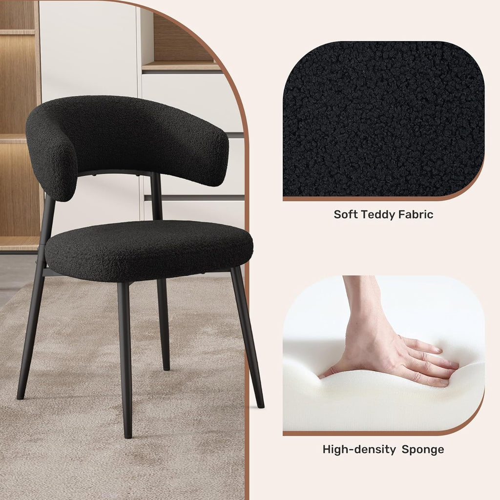 Dining Chairs Set of 4, Mid Century Modern Kitchen Chairs, Boucle Upholstered Dining Chair with Curved Backrest & Metal Legs for Kitchen Dining Room, Black