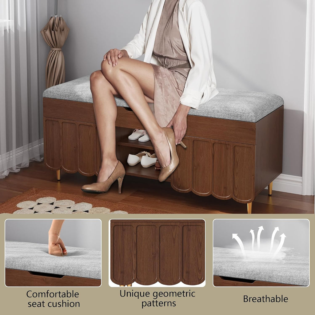 3More 40" Entryway Shoe Storage Bench,Upholstered Hidden Space Beneath Seat Cushion Bench,2-Tier Unique Geometric Shape with Wood Grain,Walnut