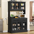 DWVO Kitchen Pantry Storage Cabinet with Microwave Stand, 71'' Tall Kitchen Hutch Cabinets with Power Outlet, Modern Food Pantry Hutch with Drawers ＆ Shelves for Home, Pack of 1, Black | 71" Tall Kitchen Hutch Cabinets with Power Outlet, Modern Food