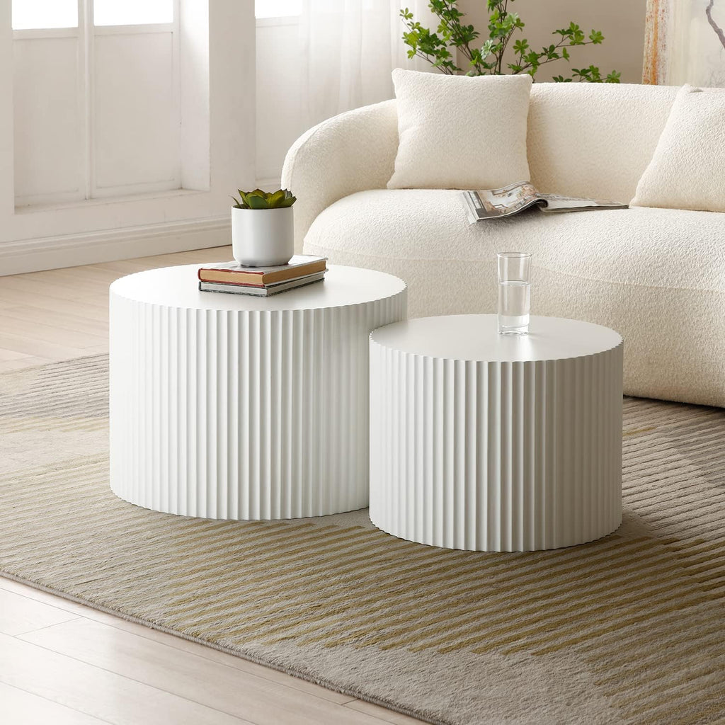 42.52'' White Round Nesting Coffee Table Set of 2 Modern Drum Side End Table for Living Room, Contemporary Wood Circle Embossed Design, No Assembly, White
