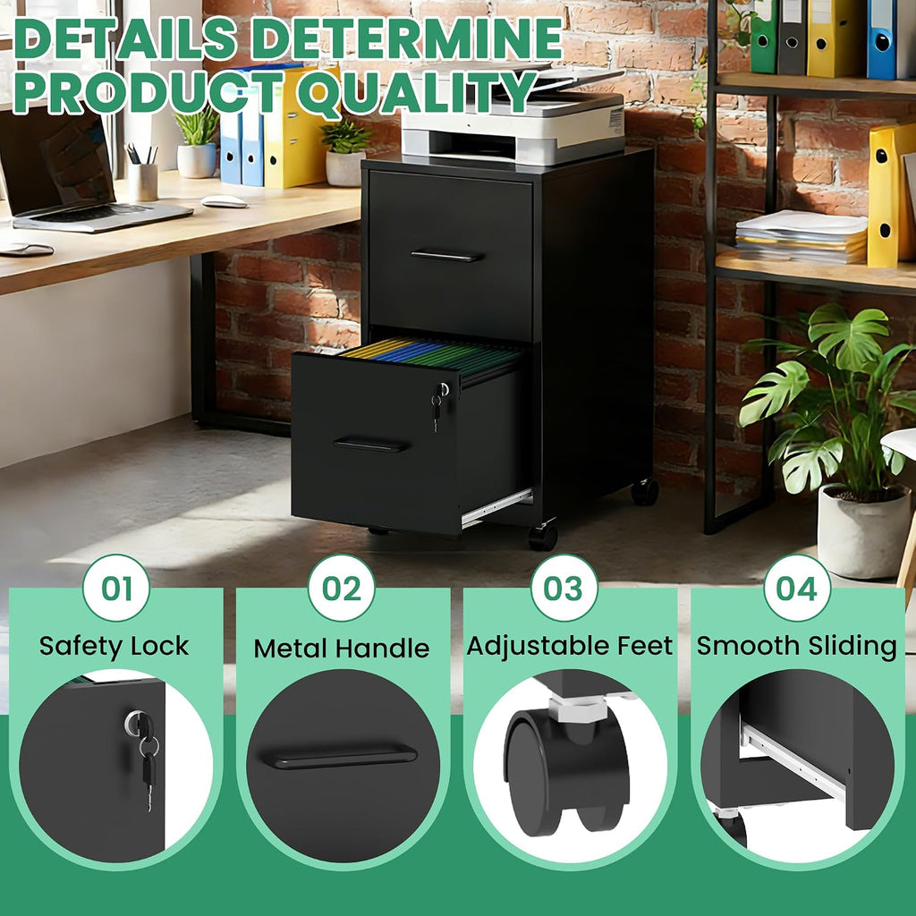 2-Drawer Mobile File Cabinet with Lock & Wheels,Under Desk File Cabinets for Home Office,Steel Rolling Cabinet for Legal/Letter Files(Black)