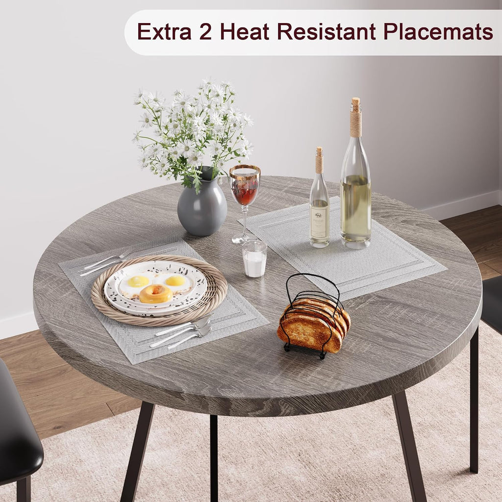 3-Piece Round Dining Set for 2 - Compact 31.4" Rustic Gray Kitchen Table with Upholstered Chairs, Space-Saving Breakfast Set for Small Spaces, Apartments & Studio Living