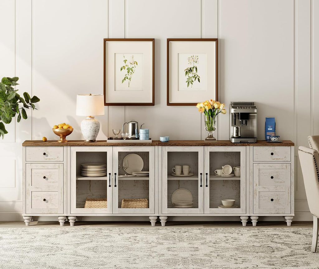 WAMPAT Sideboard Buffet Cabinets with 4-Glass Door, Kitchen Storage Cabinets with Charging Station, Wood Coffee Bar Table with Adjustable Shelf & 2 Drawers for Dining Room, Living Room, Rustic White