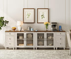 WAMPAT Sideboard Buffet Cabinets with 4-Glass Door, Kitchen Storage Cabinets with Charging Station, Wood Coffee Bar Table with Adjustable Shelf & 2 Drawers for Dining Room, Living Room, Rustic White
