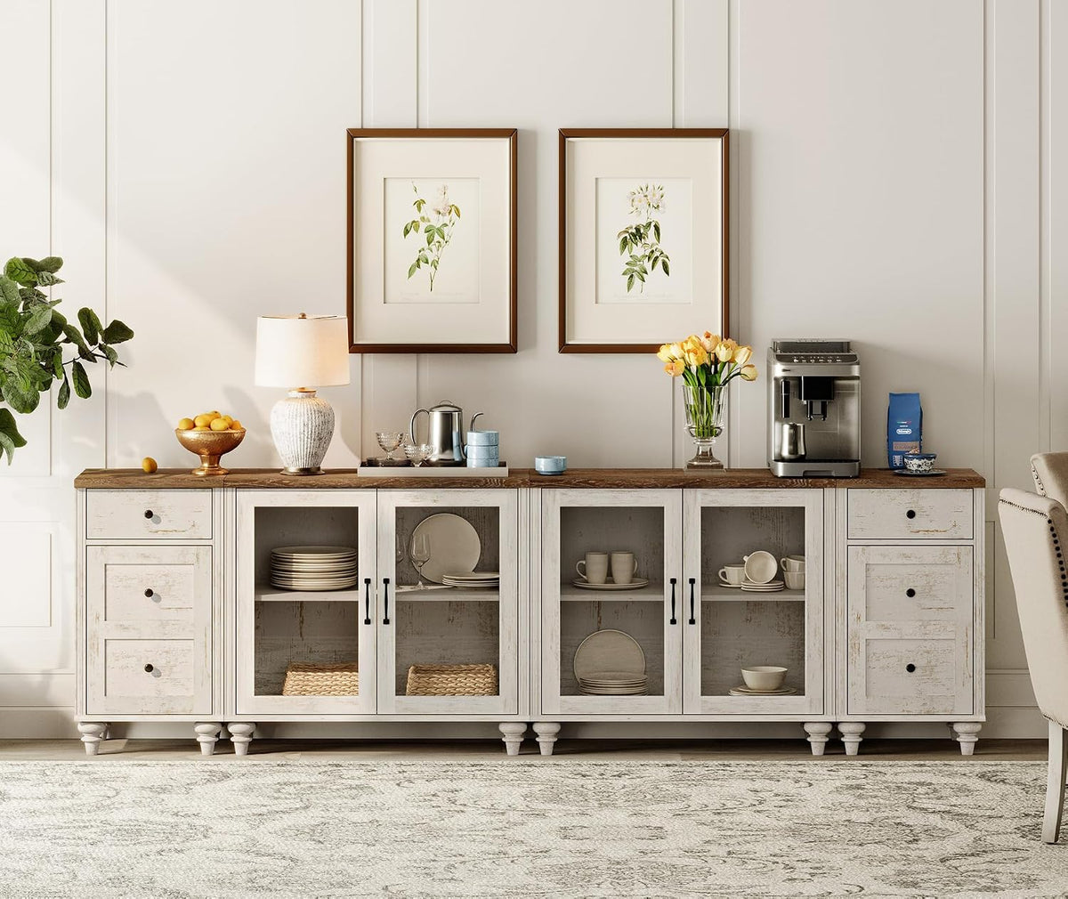 WAMPAT Sideboard Buffet Cabinets with 4-Glass Door, Kitchen Storage Cabinets with Charging Station, Wood Coffee Bar Table with Adjustable Shelf & 2 Drawers for Dining Room, Living Room, Rustic White
