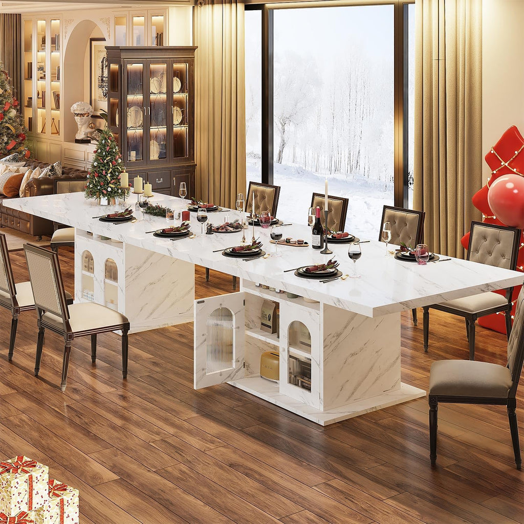 HSH Dining Table for 4–6, 63" Modern Kitchen Dining Room Table with Storage Shelves & Acrylic Door Cabinet,Wood Rectangle Dinner Table with Faux Marble Top for Home Apartment, White Faux Marble