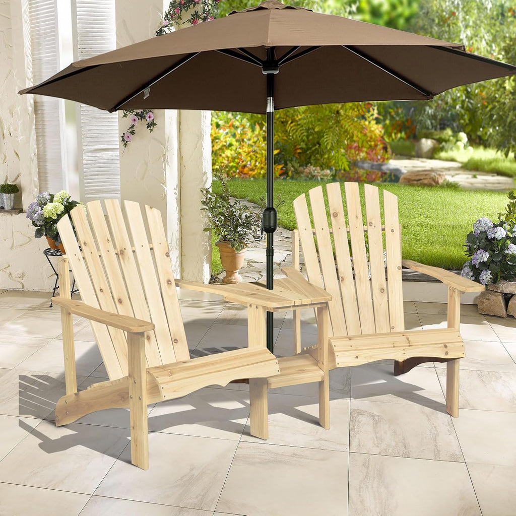 Adirondack Chair Set, 2 Wooden Outdoor Chairs with Center Table and Umbrella Hole, 2 Person Adirondack Bench Fire Pit Seating for Patio Backyard Garden, Natural