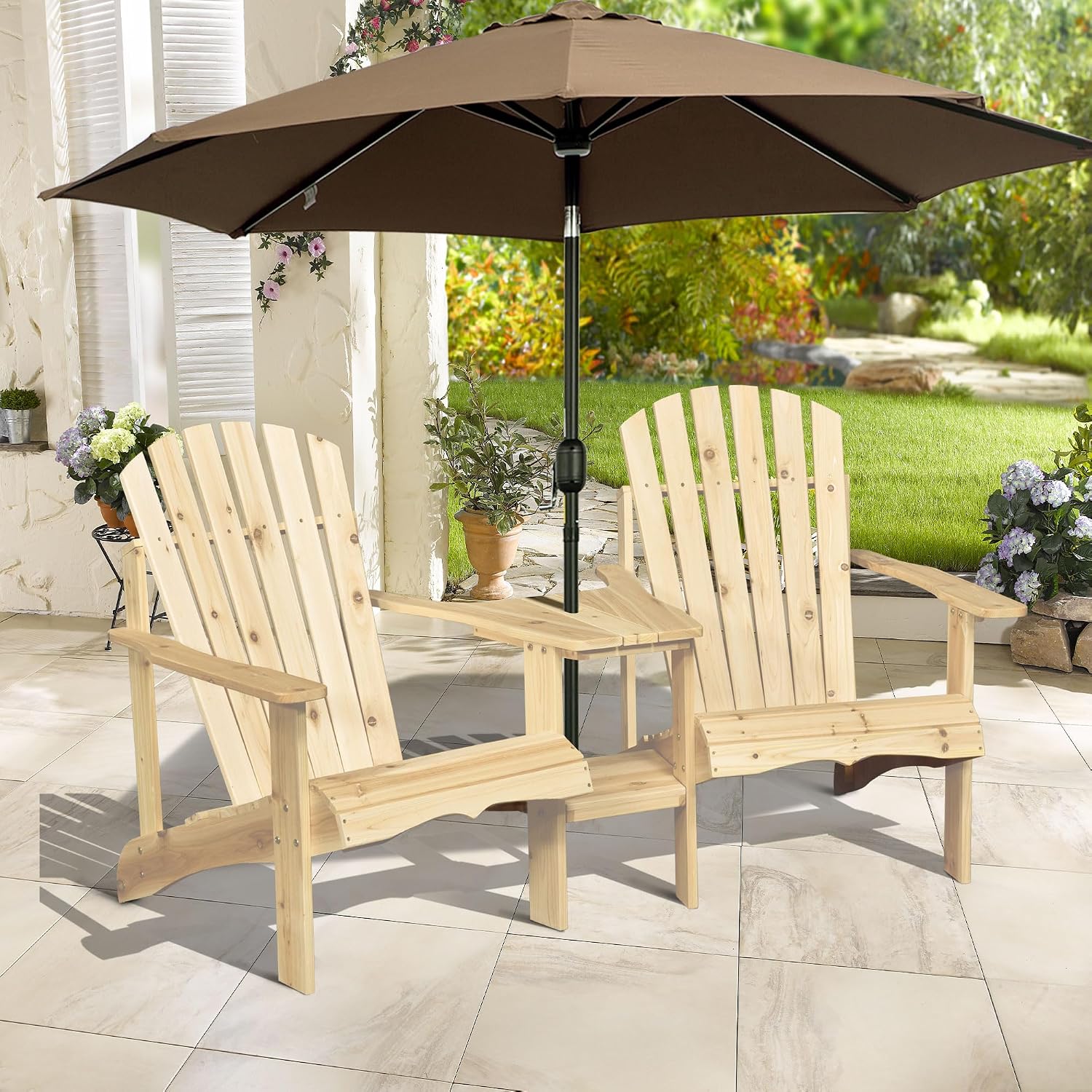 Adirondack Chair Set, 2 Wooden Outdoor Chairs with Center Table and Umbrella Hole, 2 Person Adirondack Bench Fire Pit Seating for Patio Backyard Garden, Natural