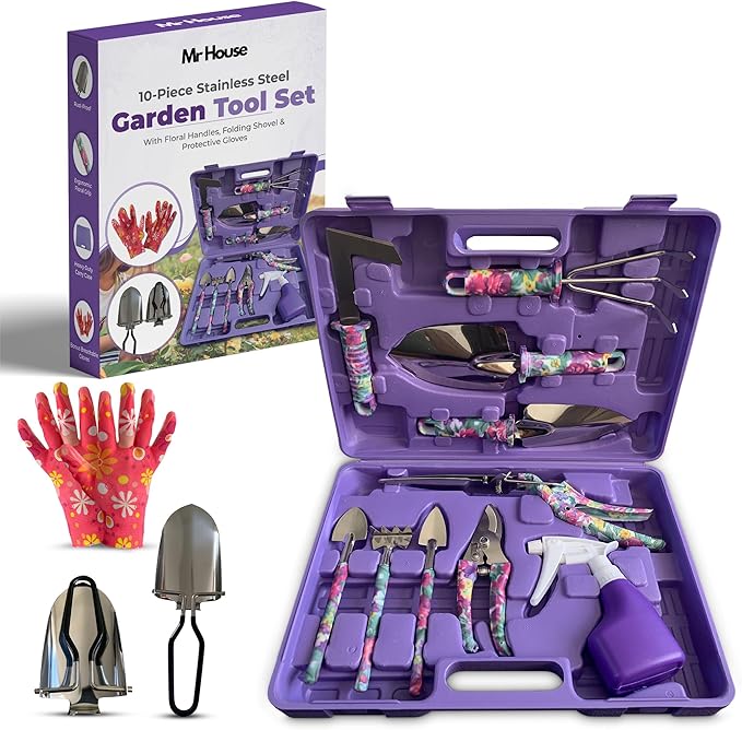 10 Piece Stainless Steel Garden Tool Set with Molded Carrying Case – Heavy Duty Gardening Tools for Women & Men Ergonomic Handles, Rust-Resistant Hand Tools with Folding Shovel, Gloves & Spray Bottle