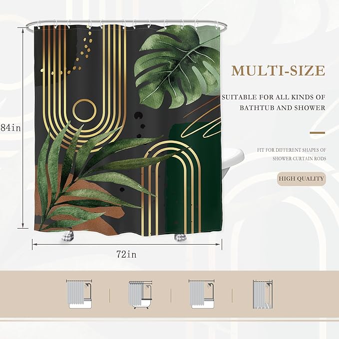 Glawry Dark Green Gold Boho Mid Century Shower Curtain Extra Long Abstract Minimalist Tropical Modern Geometric Leaf Bathroom Simple 72Wx84L Inches Bath Accessories Art Home Decor Fabric 12 Pack Hook