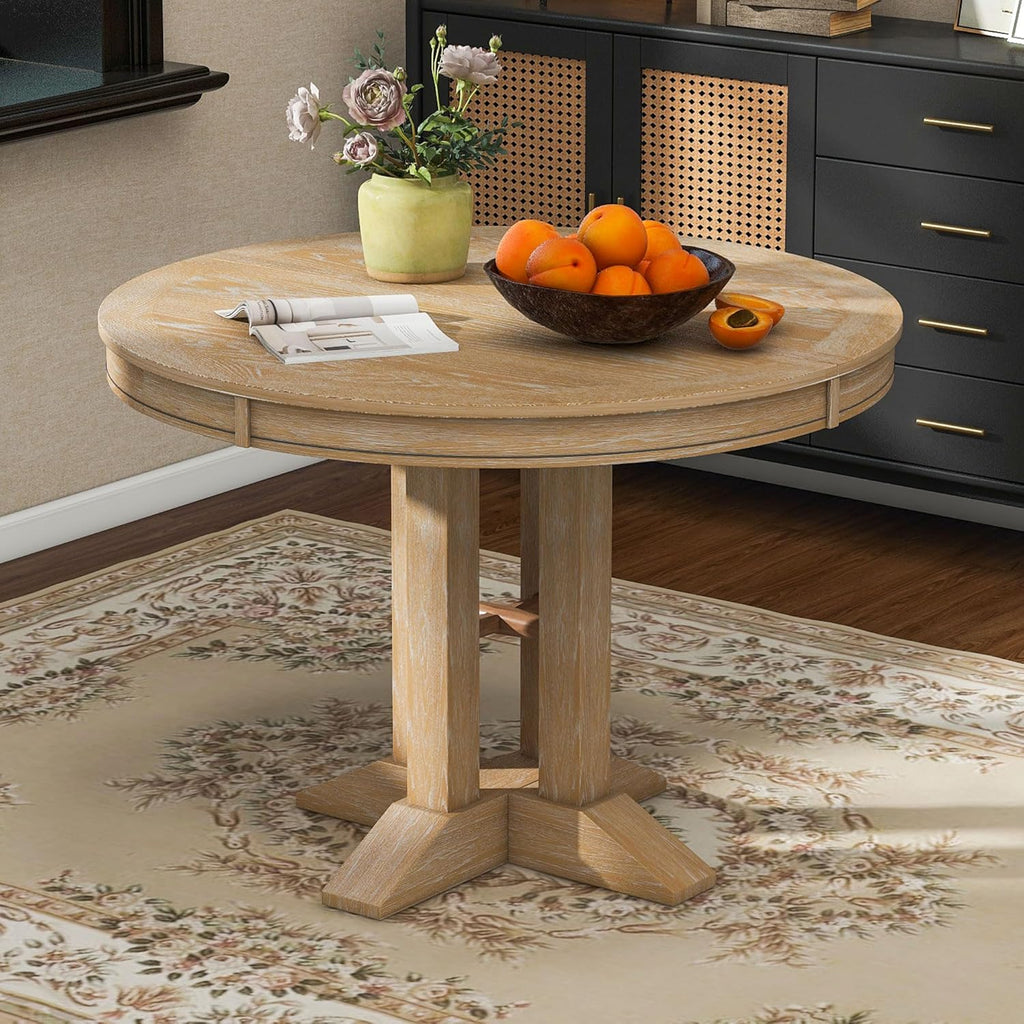 42" Round Dining Table for 4-6, Functional Round Extendable Wood Folding Mid Century Modern Round Dining Table for Dining Room Kitchen, Restaurant, Café, Natural