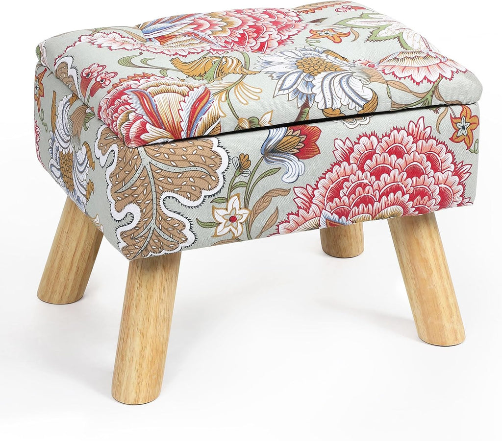 Small Storage Ottoman with Wood Legs, Boho Floral Upholstered Footrest | Hidden Storage Ottoman: Removable Lid Stores Blankets, Toys And Remotes; Doubles As A Footrest Stool