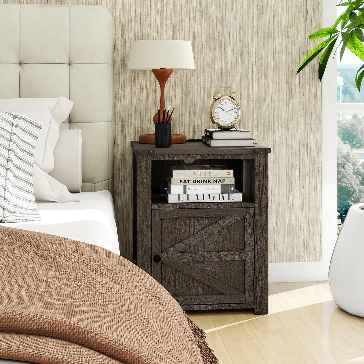 MUUEGM 24" Nightstand with Charging Station, End Table, Side Table with Door for Bedroom, Living Room, Modern Farmhouse Design, Dark Grey Bedside Table with Door Set of 2