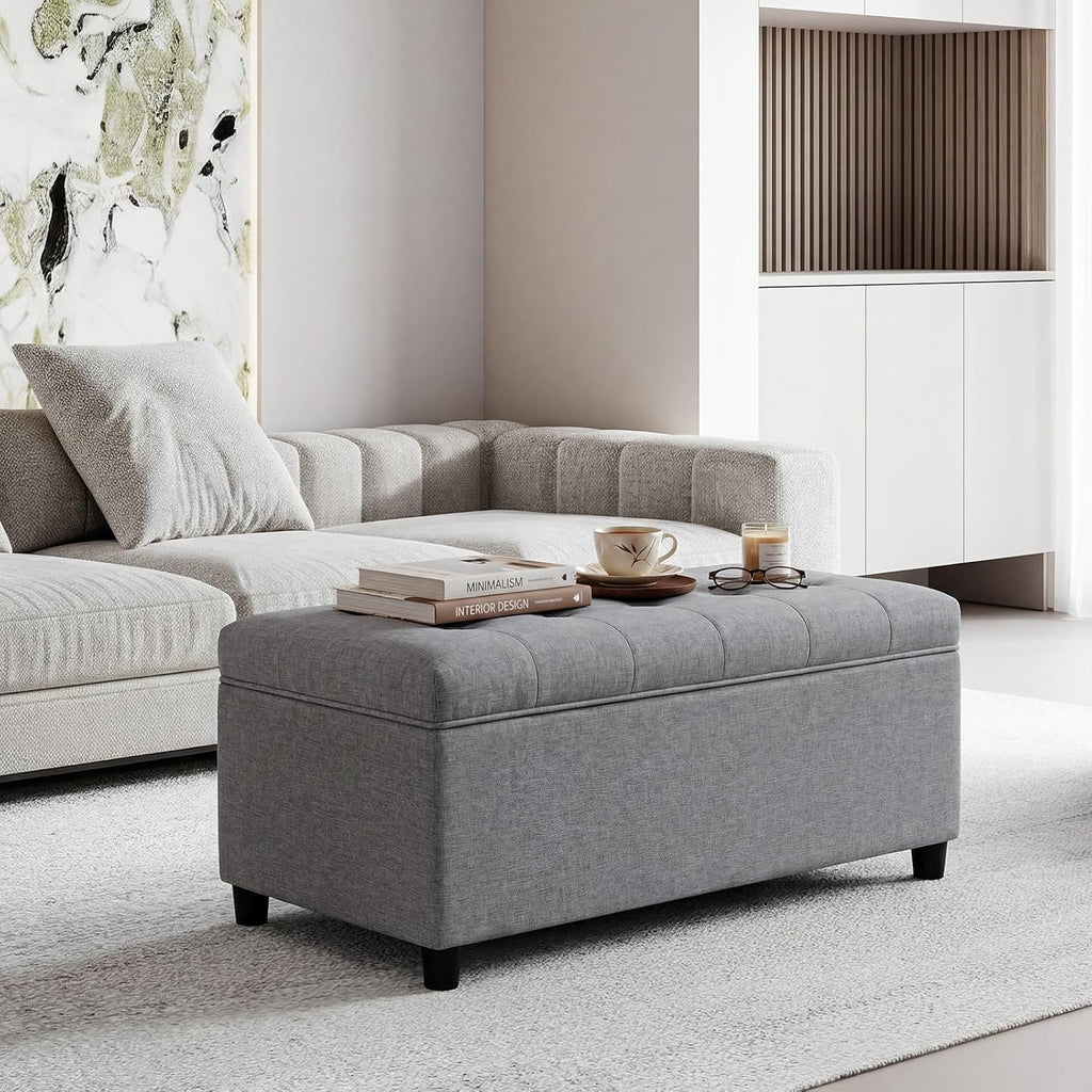 Linen Storage Ottoman Bench 35 inch with Hinged Lid - Multi-Functional Ottoman with Storage for Living Room, Bedroom End of Bed, Entryway Shoe Seat - Easy Assembly, Linen Gray