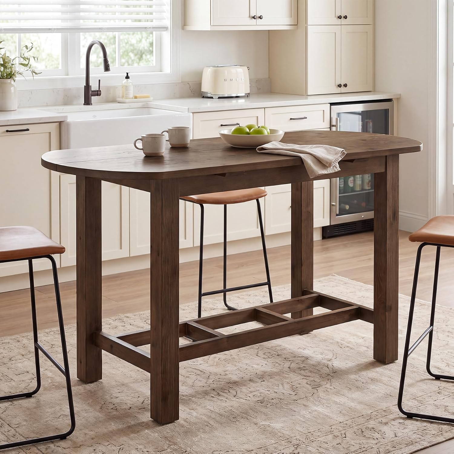63" Solid Wood Kitchen Island, Island Table with Oval Tabletop | Farmhouse Wooden Stationary Island Table for Kitchen, Living Room, Dining Room, Easy Assembly, 39.37" Height, Vintage Brown