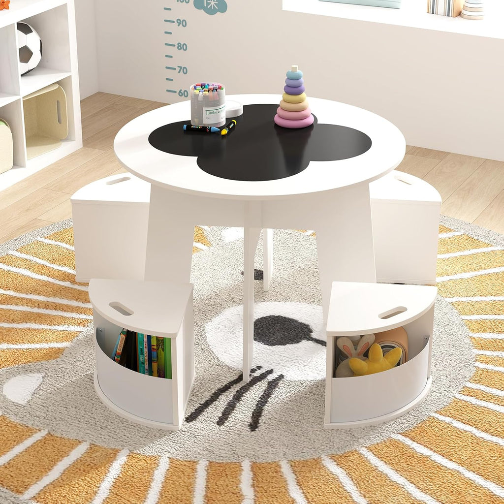 HONEY JOY White Kids Table and Chair Set, Children Activity Play Table with 4 Storage Stools for Art Craft, Nesting Design Toddler Table and Chair Set for Playroom, Daycare, Gift for Boys Girls
