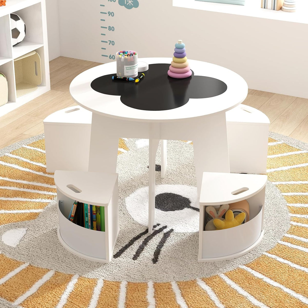 HONEY JOY White Kids Table and Chair Set, Children Activity Play Table with 4 Storage Stools for Art Craft, Nesting Design Toddler Table and Chair Set for Playroom, Daycare, Gift for Boys Girls